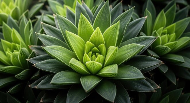 Vibrant green succulent plant with pointed leaves arranged in a beautiful rosette pattern, close-up botanical garden view, natural texture background