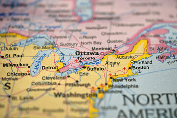 Naklejka premium Toronto Canada Location on World Map with Defocused Background Geography Concept