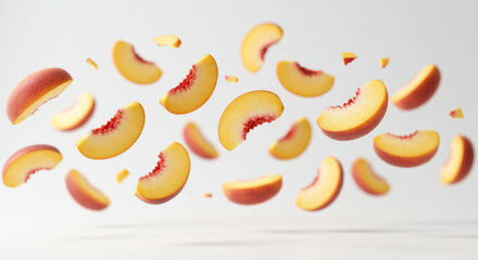 Fototapeta premium Fresh Peach Slices in Mid-Air Against a White Background