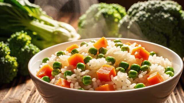 Delicious bowl of mixed vegetable rice with broccoli on a wooden table