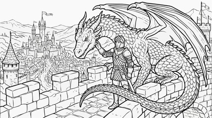Obraz premium Coloring page for children - a dragon knight in scaly armor stands on a stone bridge with a castle background