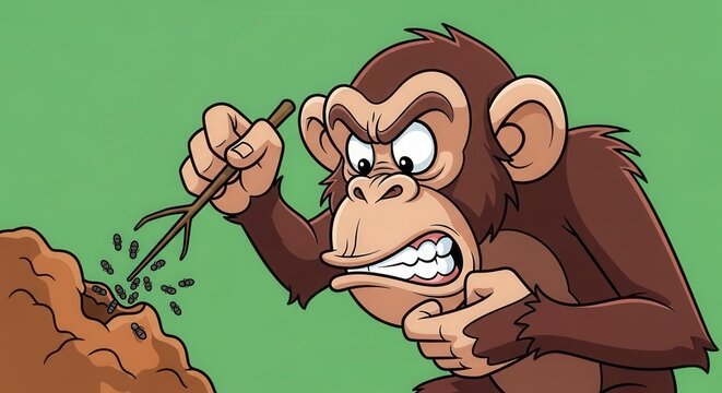 Cartoon Monkey Digging Soil with a Trowel in a Playful Scene