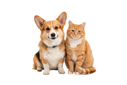 Corgi dog with orange cat sitting together, friendship animals isolated on white background, PNG