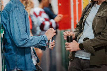 Plakat Teen students drinking an energy drink in school hallway.