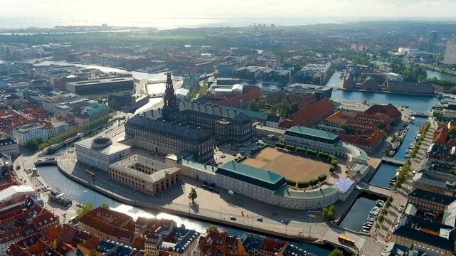 Copenhagen, Denmark. Christiansborg (Danish Christiansborg Slot) is  Danish royal palace since 1740. The building of Danish parliament Folketing. Located in old part of Copenhagen. Drone footage, Poi
