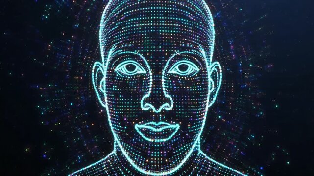 Glowing Digital Particles Forming Human Face in Dark Space, Futuristic AI Visualization