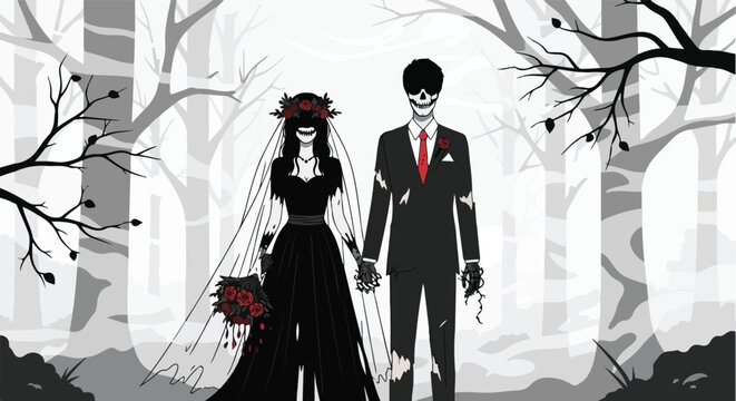 Spooky wedding couple with skeletal faces stands in a monochrome, barren forest