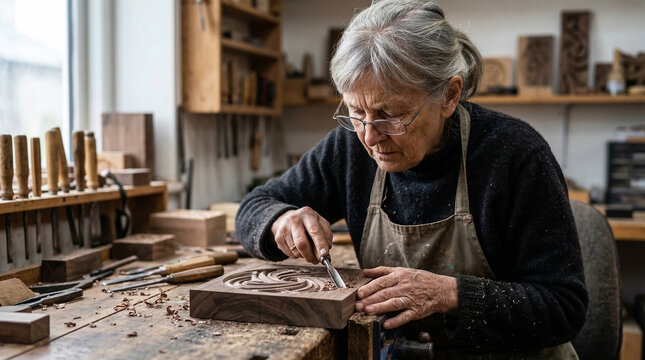 Focused Senior Woman Artisan Carving Intricate Patterns in Wood Workshop