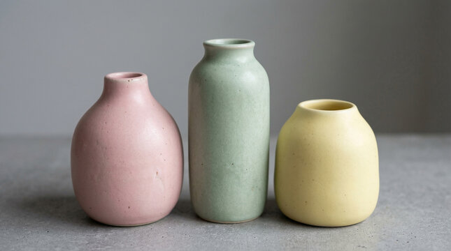 Set of Three Handmade Pastel Ceramic Vases on Gray Minimalist Surface