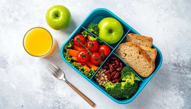 Healthy lunch box with fresh fruits, vegetables, bread and orange juice
