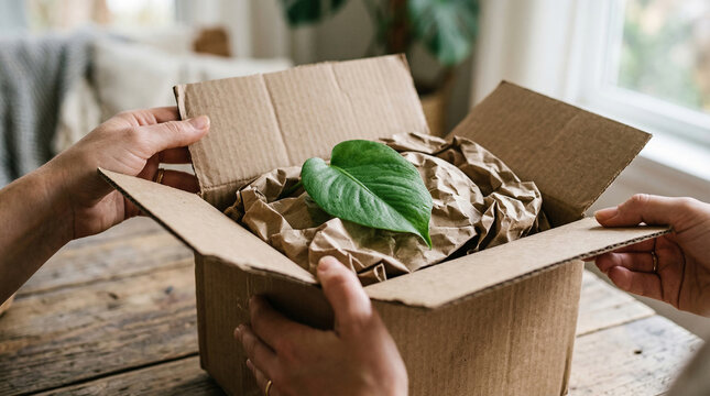 Hands Unboxing a Sustainable Parcel with Recycled Paper and a Green Leaf