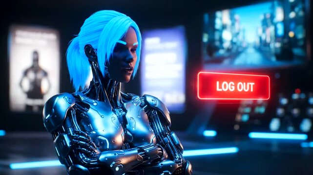 Futuristic robot woman with blue hair.