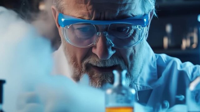 Scientist's Moment of Discovery: A focused scientist, with intense eyes behind protective goggles, observes a bubbling chemical reaction within a laboratory, surrounded by a haze of steam.