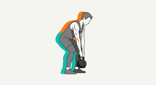 A minimalist illustration depicts a person in a bent-over position, lifting a kettlebell