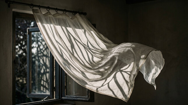 Ethereal White Curtain Blowing in the Wind by an Open Window with Dramatic Sunlight and Shadows