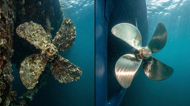 Ship propeller before and after professional cleaning and maintenance