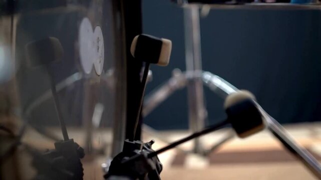 Man playing base drum pedal on stage Close-up, Drummer playing drum set beater strikes rhythmically against red bass kick drum. music concept background