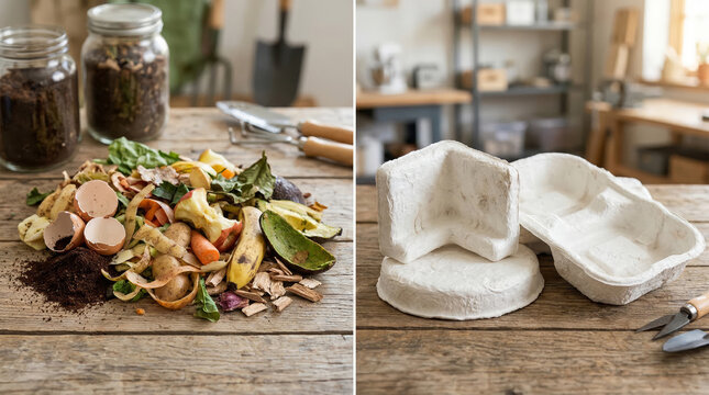 Organic kitchen scraps and biodegradable mycelium packaging comparison