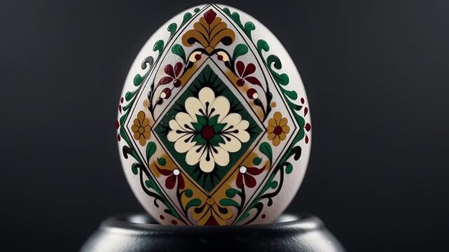 An exquisitely painted Ukrainian pysanka Easter egg on black background &mdash; symbol of ancient tradition, faith, and artistic mastery