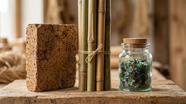Sustainable Raw Materials Including Bamboo Stems, Natural Cork Block, and Recycled Glass Jar