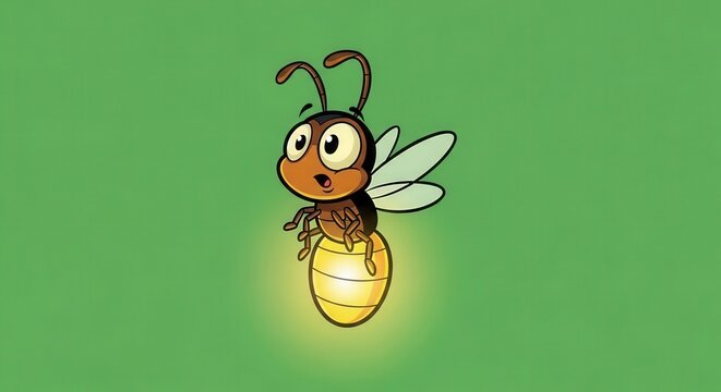 Cute Cartoon Firefly Flying with Glowing Light on Green Background
