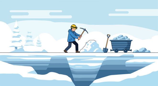 Miner with pickaxe and shovel in snowy landscape near mine cart