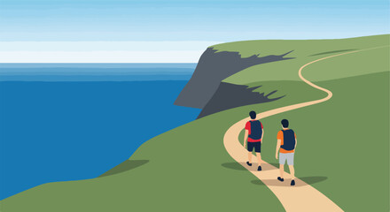Obraz premium Two hikers with backpacks traverse a coastal path overlooking the blue ocean