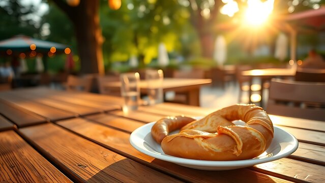 weisswurst. Beer garden table at dawn with weisswurst and pretzel on a white plate. bar promotions, beverage menus, designed for product packaging and bar promotions.