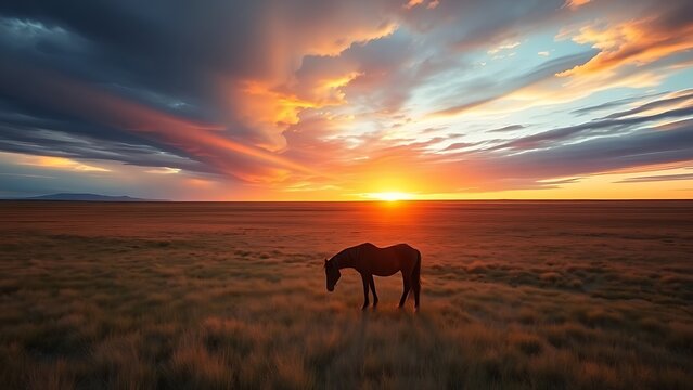 allusion. A lone horse grazing on the vast Pampas grassland under a dramatic sunset sky. inspiring travel planning, wildlife magazines, designed for wildlife conservation campaigns.