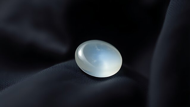 culpability. A moonstone gemstone glowing softly on dark fabric, close-up view. STEM education sheets, lab safety posters, designed for STEM education and laboratory safety posters.