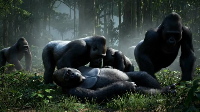 Gorillas gathered around a man.