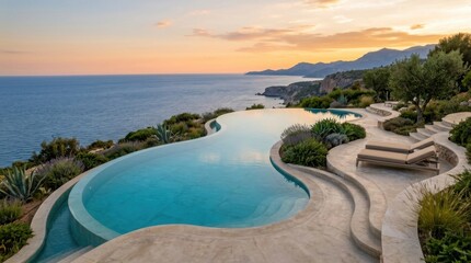 Fototapeta premium Luxury infinity pool overlooking the ocean at sunset, coastal paradise.