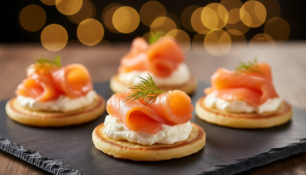 Smoked salmon appetizers arranged on slate. Small cornbread cakes topped with cream cheese, salmon, and dill. Cozy bokeh lights add festive atmosphere for parties or events. Gourmet Party Appetizers