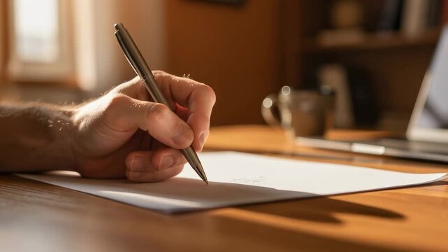 Close up of a person writing on paper with a pen at a wooden desk in warm natural light