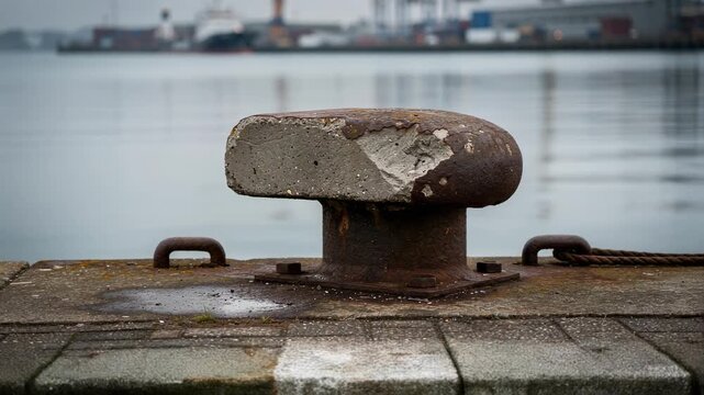 Rusty mooring bollard on a weathered concrete dock near calm harbor water with industrial background