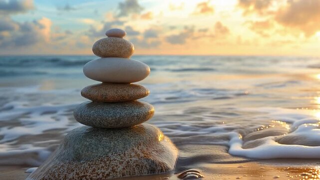 Zen Stones on the Shoreline: A serene tower of balanced stones stands peacefully on the sandy shore, as gentle waves caress the base, reflecting the tranquility and harmony of nature. 
