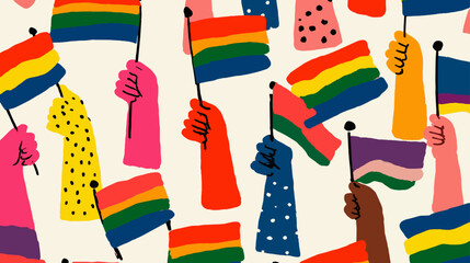Seamless Pattern of Diverse Hands Holding Rainbow Pride Flags Celebrating LGBTQ Unity, Equality, and Community Solidarity