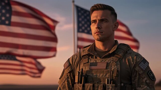 Portrait of a focused American soldier in uniform with multiple US flags waving at sunset