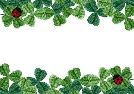 手刺繍のクローバーとてんとう虫の上下フレーム