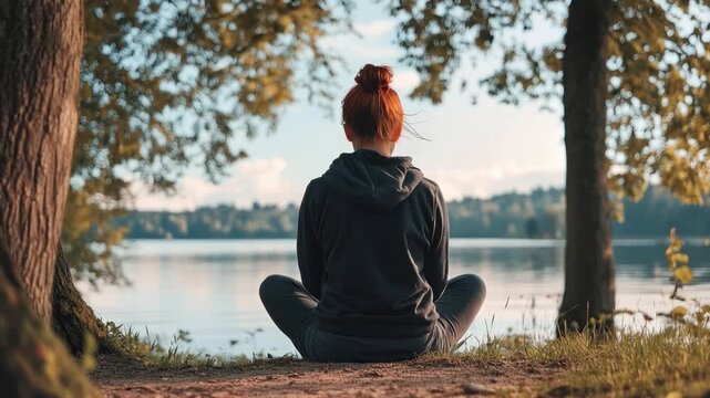 Serene Contemplation: A woman finds peace in nature, meditating by a tranquil lake, embodying serenity and self-reflection.