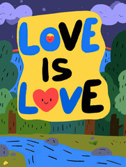 Playful Love Is Love LGBTQ Pride Month Poster with Whimsical Cartoon Landscape and Bright Rainbow Equality Illustration
