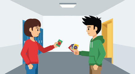 Fototapeta premium Two young people in a hallway are exchanging illustrated monster cards