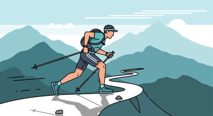 A person Nordic walking on a winding mountain path with poles