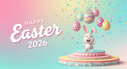 Naklejka premium Happy easter 2026 celebration with white bunny on colorful cake and eggs