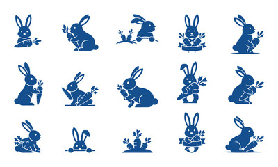 Fototapeta premium Collection of blue rabbit silhouettes in various poses