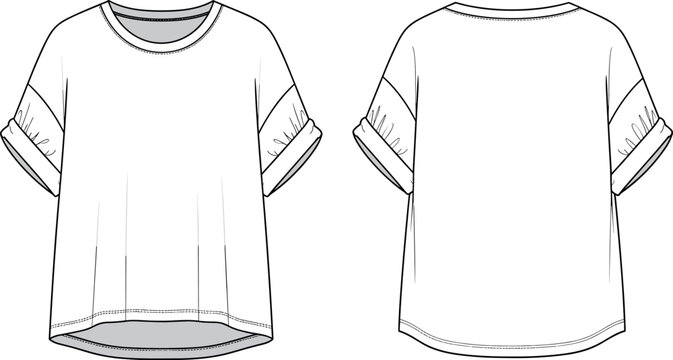 Women Crew Neck Oversized T-Shirt Fashion Flat Sketch With Short Dolman Sleeves Ruched Cuffed Detail And High Low Curved Hemline.