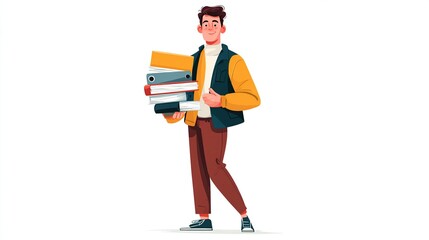 Man holding stack of documents and books