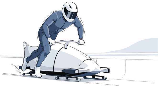 Athlete in a blue suit races down a bobsled track in a sleek vehicle