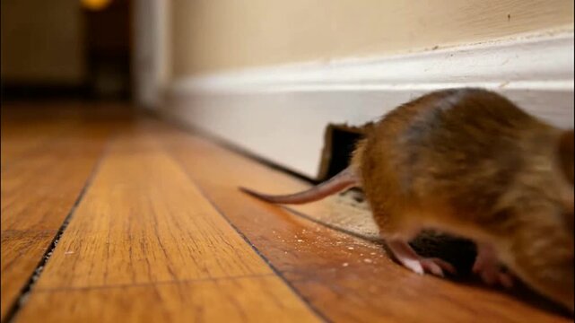 Small Mouse Peeking from Hole in Baseboard