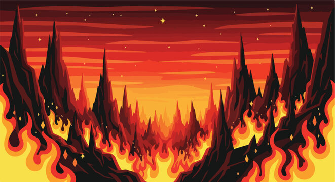 Stylized landscape of jagged dark peaks engulfed in vibrant flames under a fiery sky
